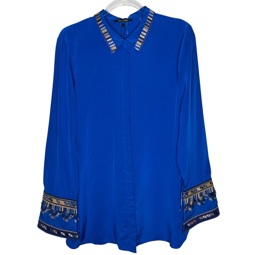 2010s Kobi Halperin Silk Azure Embroidered Blue Blouse Large NWT